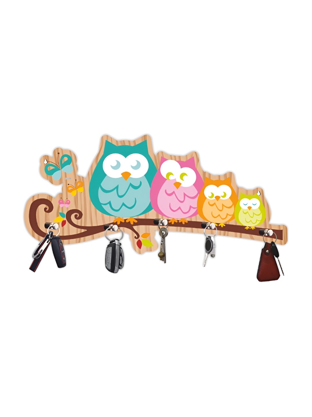 

CVANU Brwon & Pink Printed Wooden 5 Hooks Key Holders, Brown