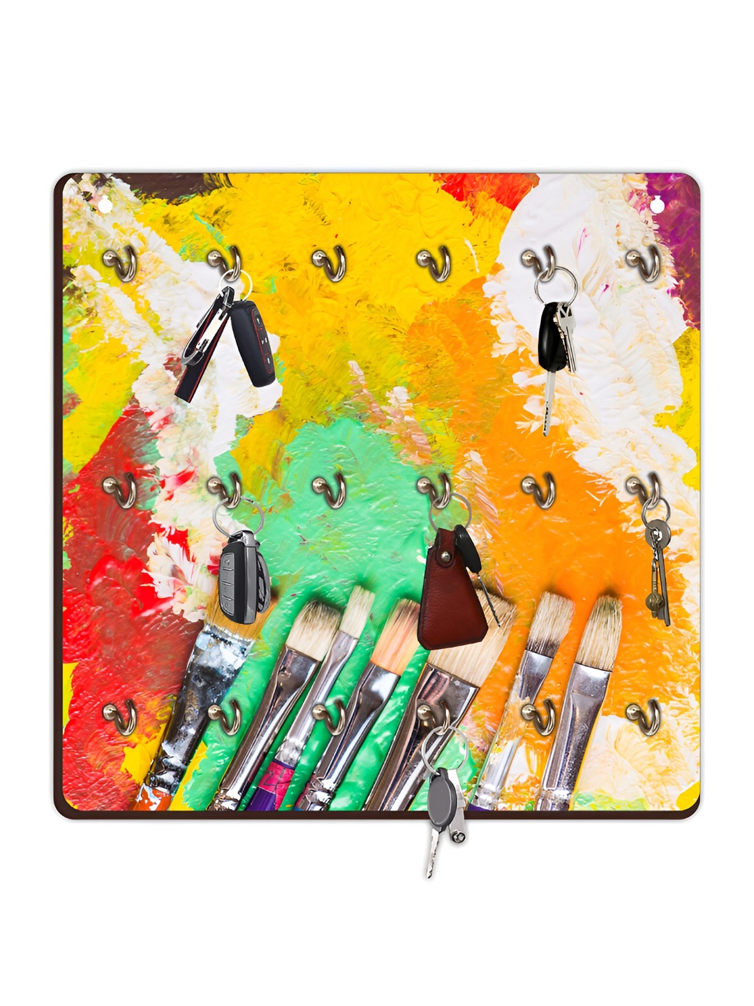 

CVANU Yellow & White Printed Wooden 18 Hooks Key Holder