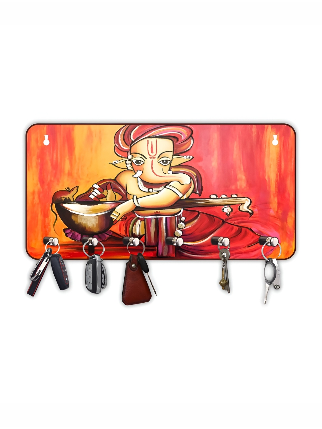 

CVANU Red & Brown Printed Wooden 6 Hooks Key Holder