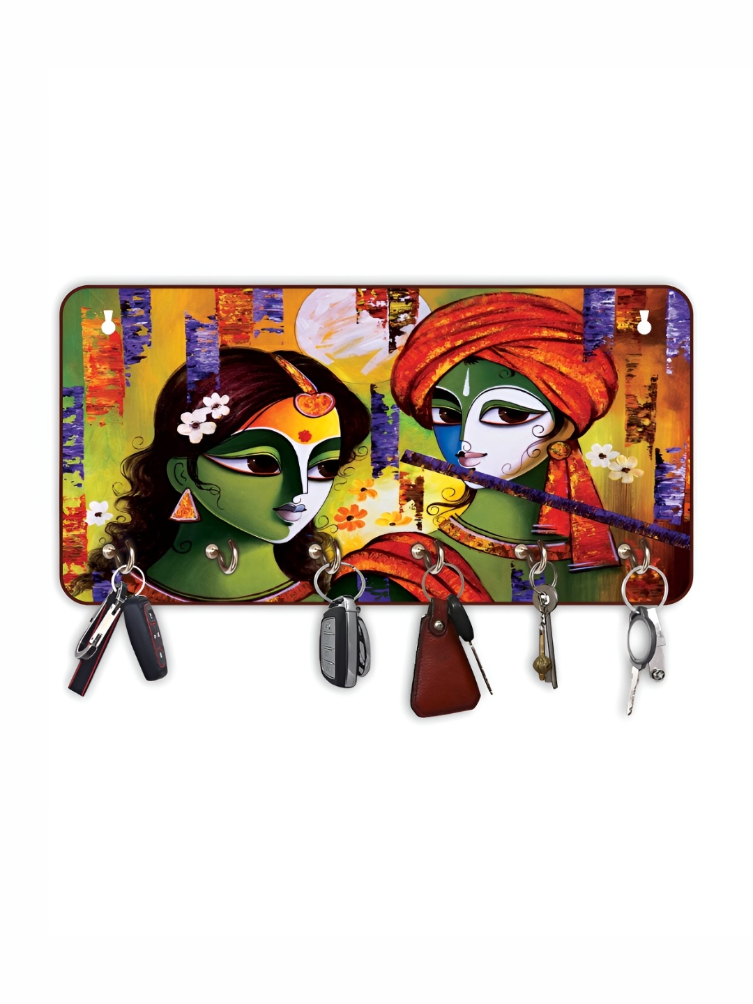 CVANU Green & Red Printed Wooden 6 Hooks Key Holder