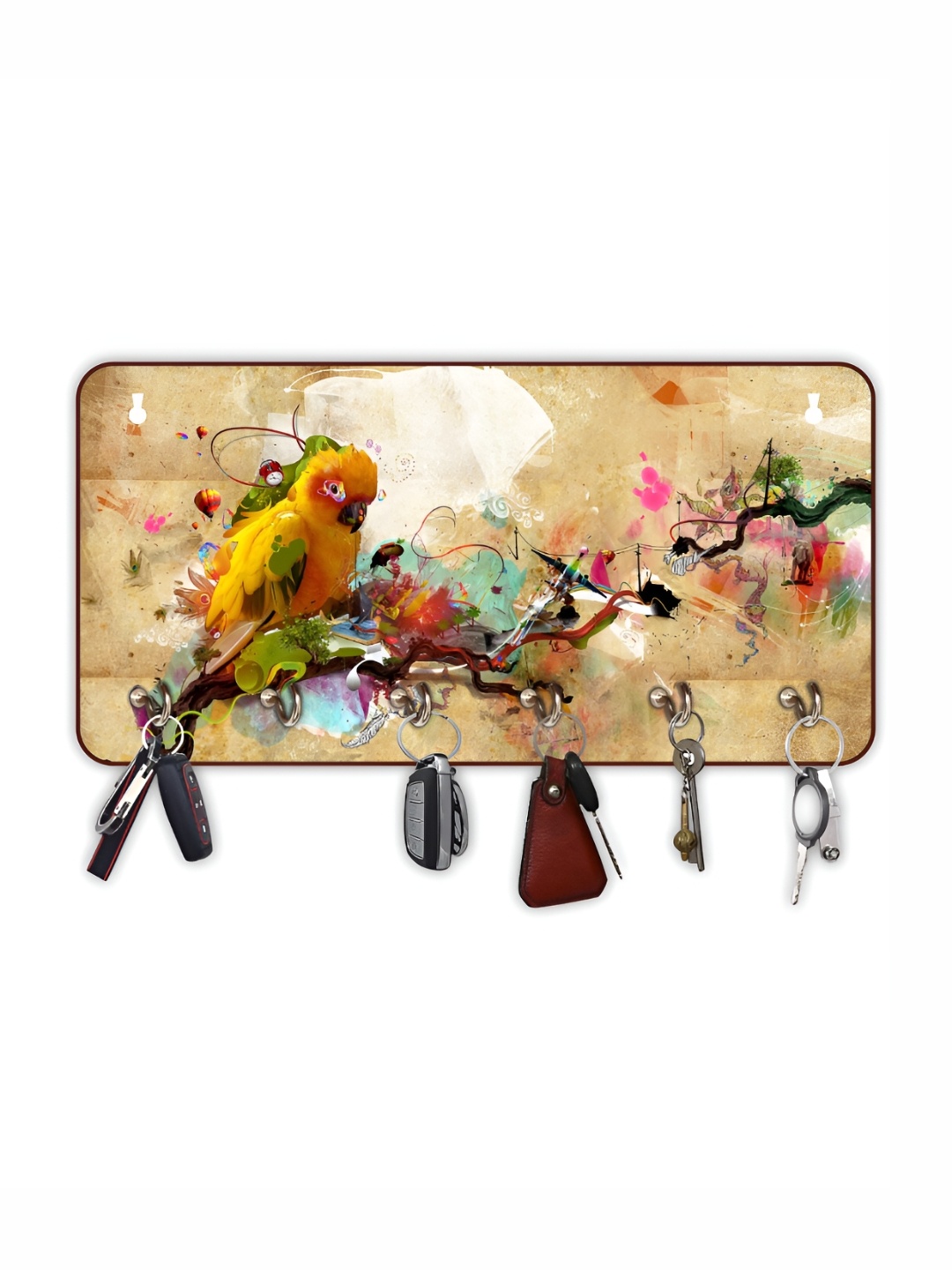 

CVANU Beige & Yellow Printed Wooden 6 Hooks Key Holder