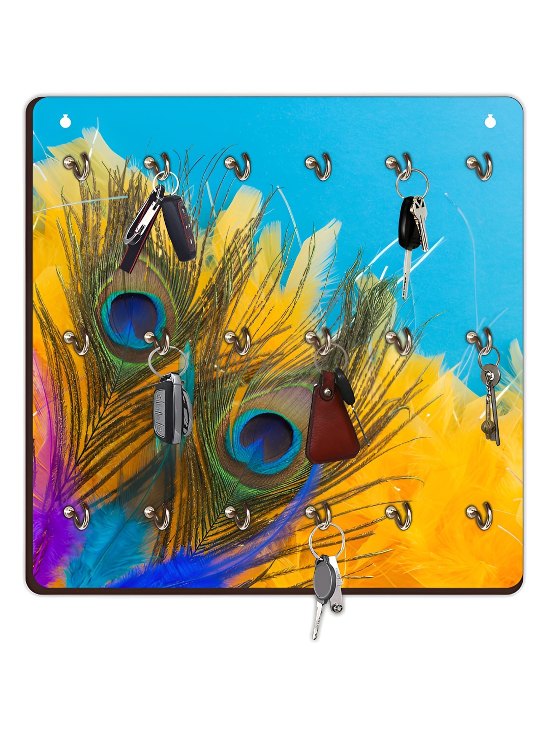 

CVANU Blue & Yellow Printed Wooden 18 Hooks Key Holder