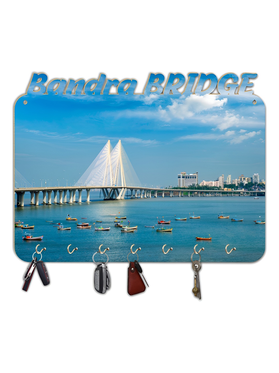 

CVANU Blue & White Printed Wooden 7 Hooks Key Holder