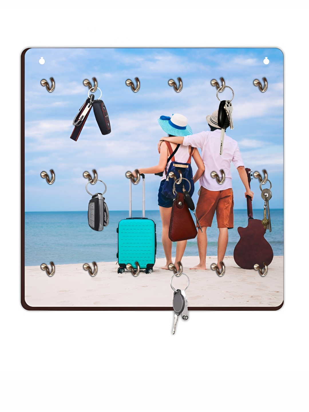 

CVANU Bleu & White Printed Wooden 18 Hooks Key Holder, Blue