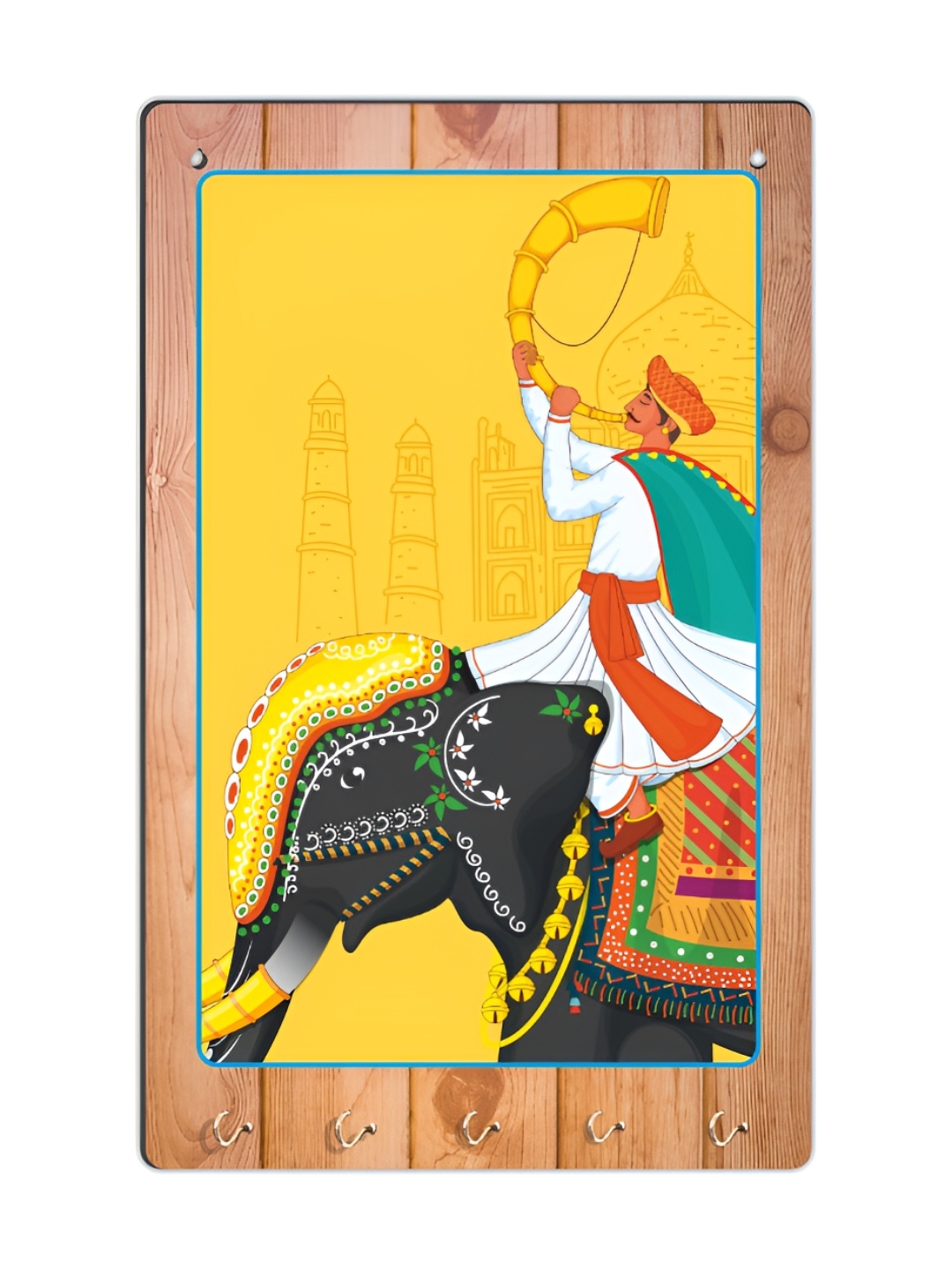 

CVANU Yellow & Brown Printed Wooden 5 Hooks Key Holders