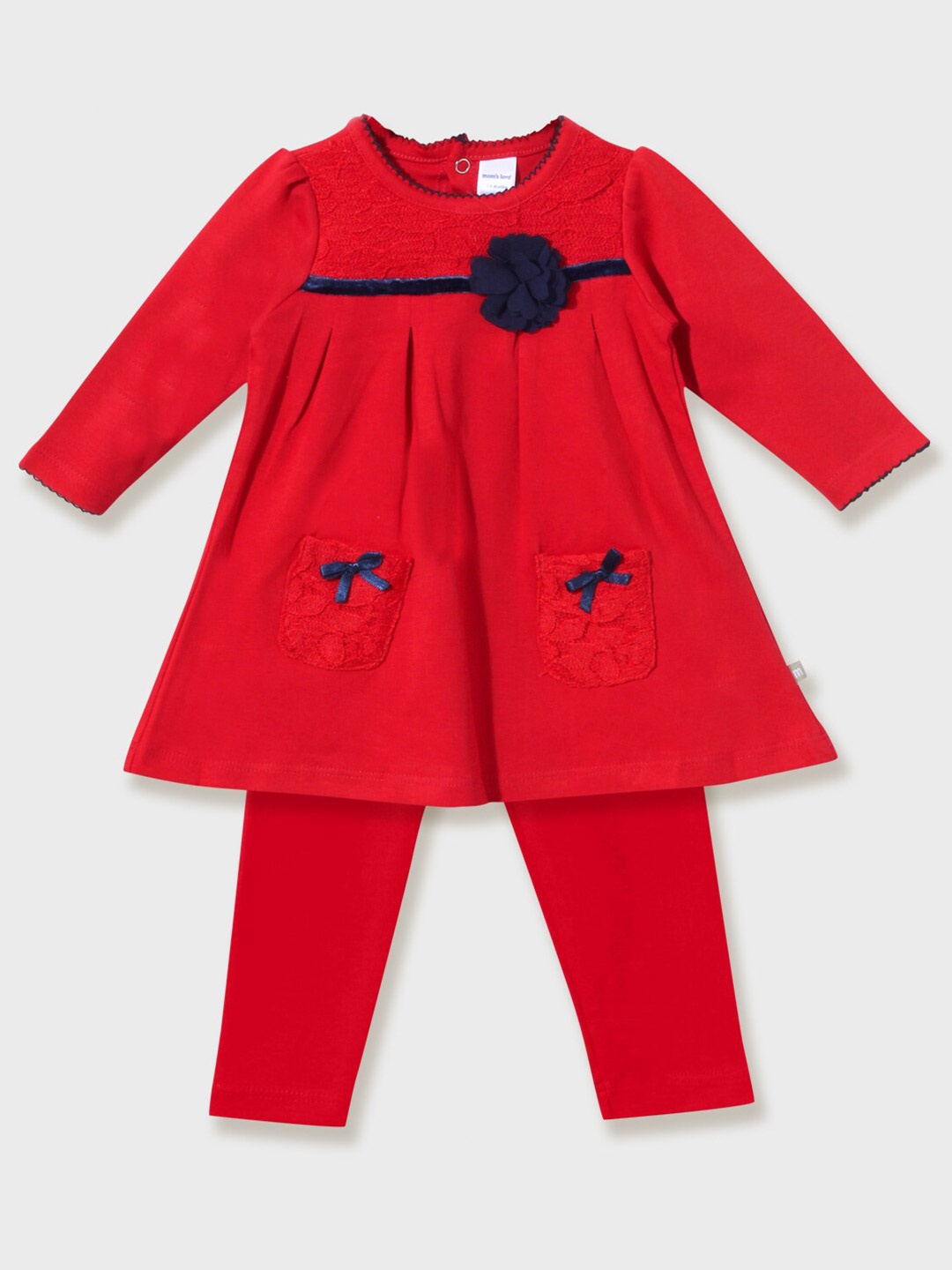 

Moms Love Infant Girls Round Neck Cotton Frock With Leggings Clothing Set, Red