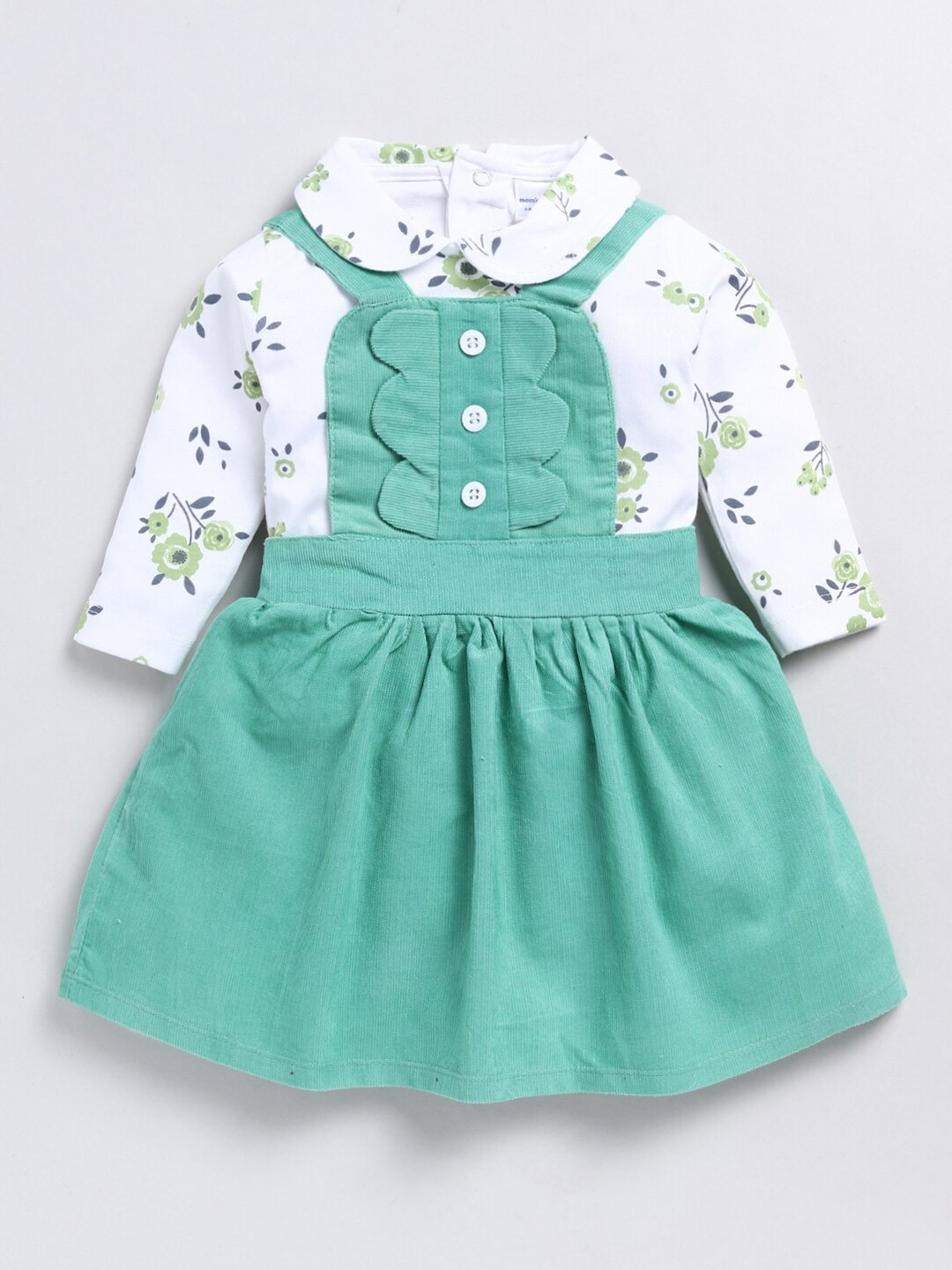 

Moms Love Infant Girls Floral Printed Peter Pan Collar Cotton T-shirt With Pinafore Dress, Green