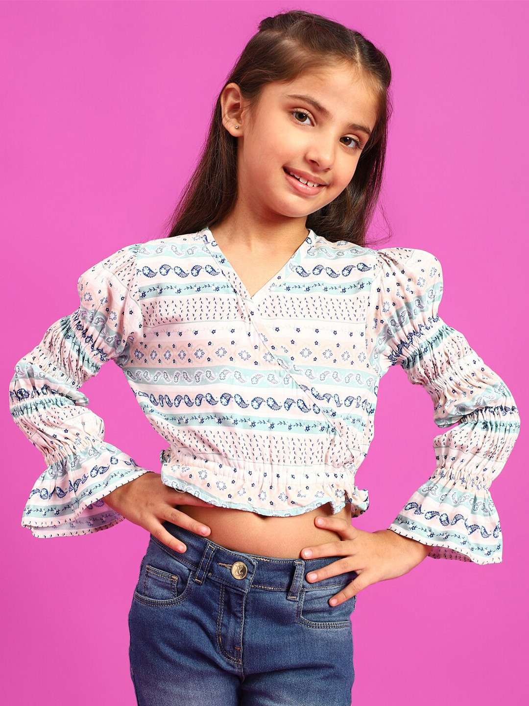 

TALES & STORIES Girls Geometric Printed Crop Top, White