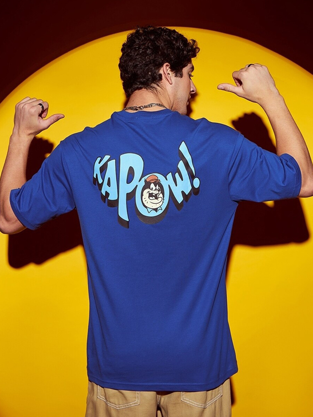 

Bewakoof Pete The Fighter Printed Drop-Shoulder Sleeves Cotton Oversized T-shirt, Blue