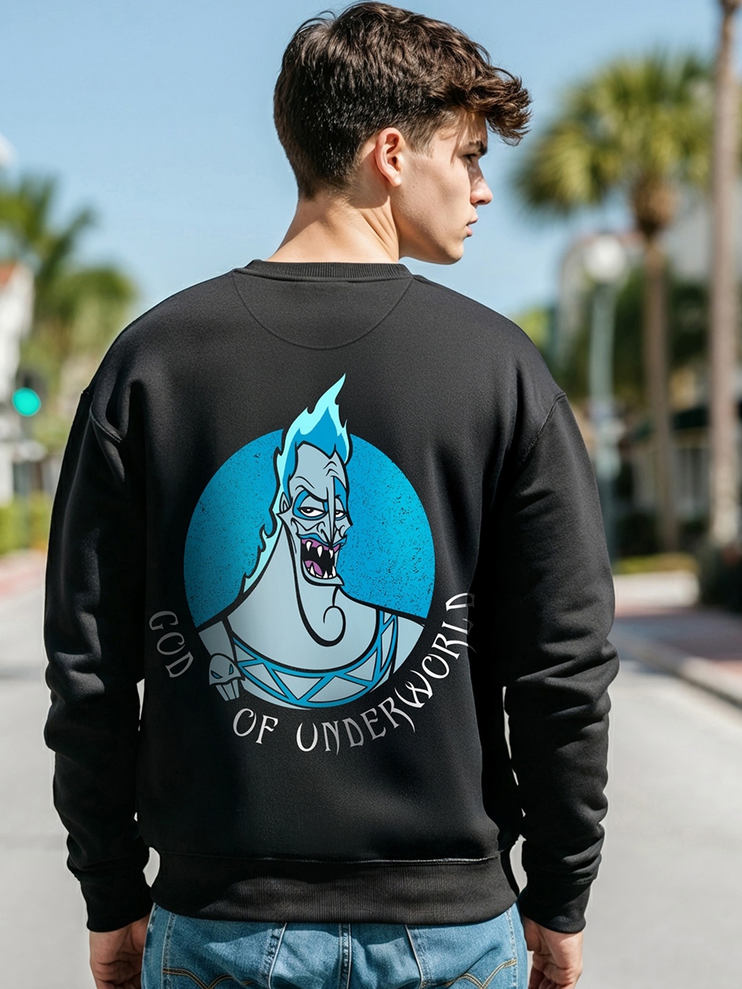 

Bewakoof Black God of Underworld Printed Long Sleeves Oversized Pullover Sweatshirt