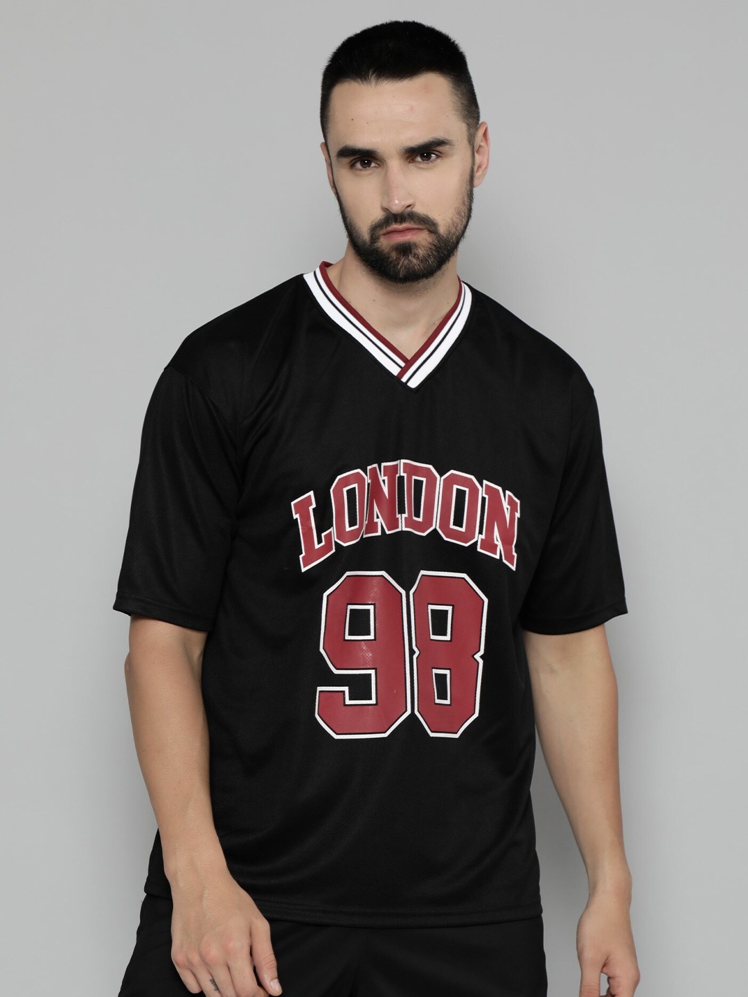 

Maniac Typography Printed V-Neck Cotton Oversized T-shirt, Black