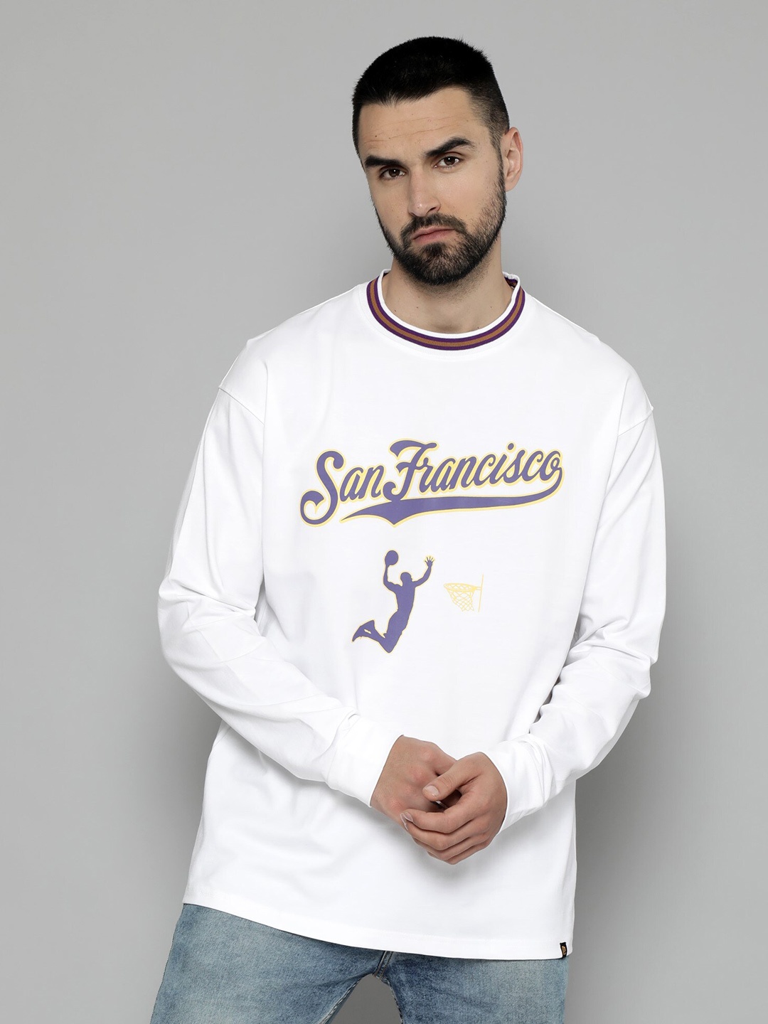 

Maniac Typography Printed Long Drop Shoulder Sleeves Cotton Oversized T-shirt, White