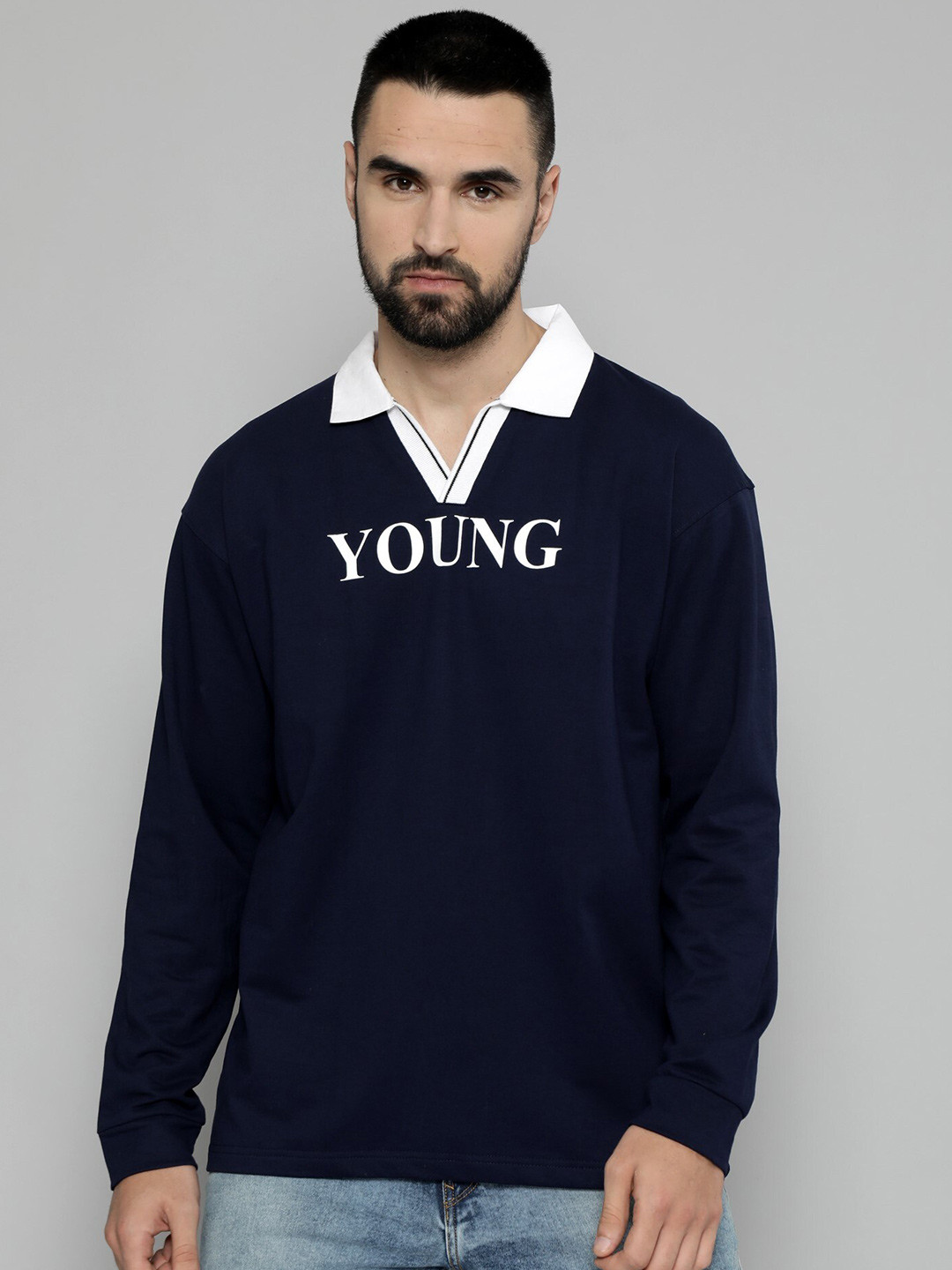 

Maniac Typography Printed Polo Collar Long Drop Shoulder Sleeves Cotton Oversized T-shirt, Navy blue