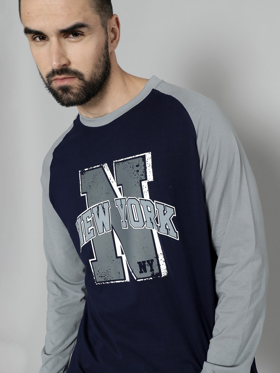 

Maniac Typography Printed Long Drop Shoulder Sleeves Cotton Oversized T-shirt, Navy blue