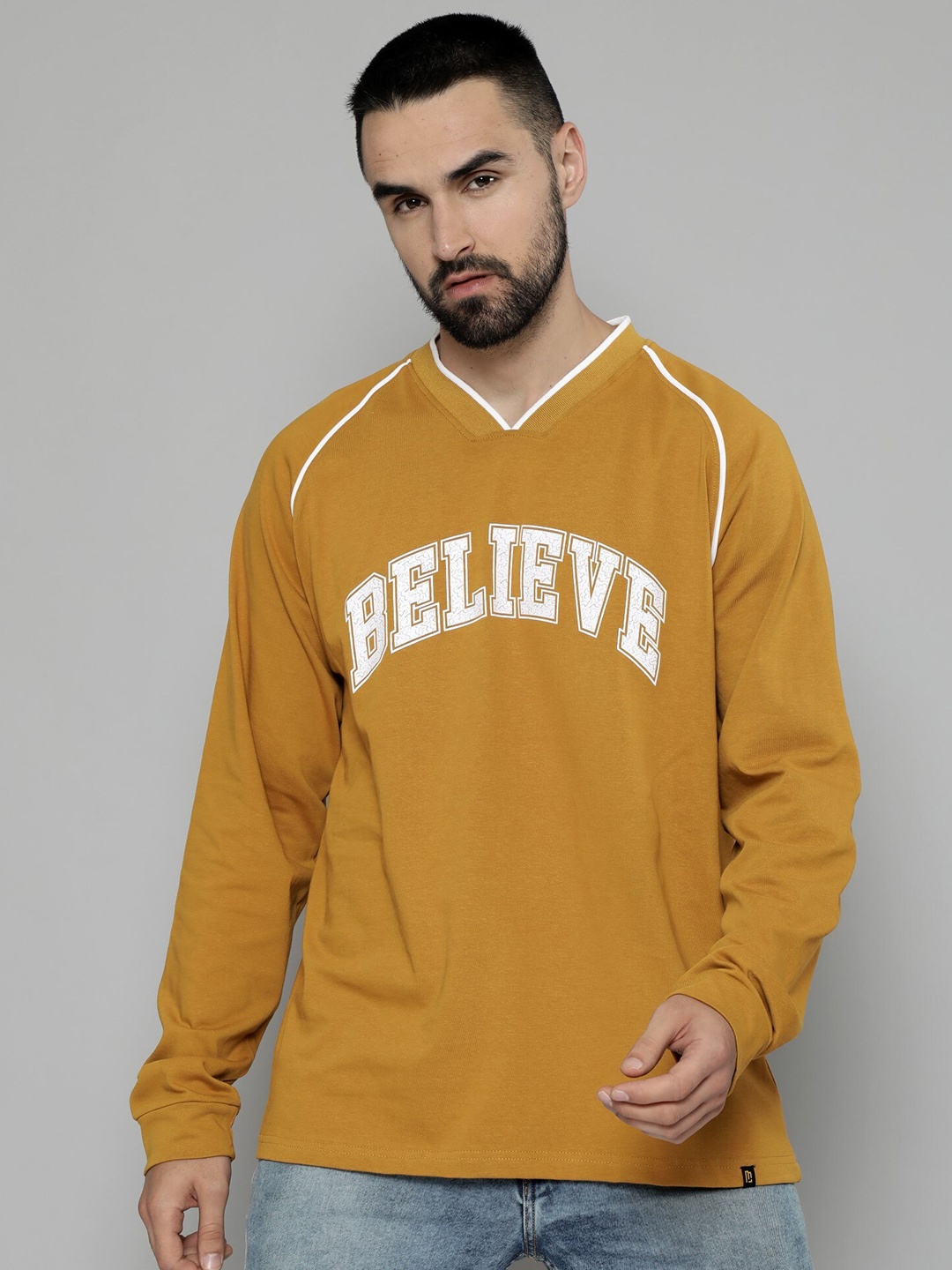 

Maniac Typography Printed Cotton V-Neck T-Shirt, Mustard