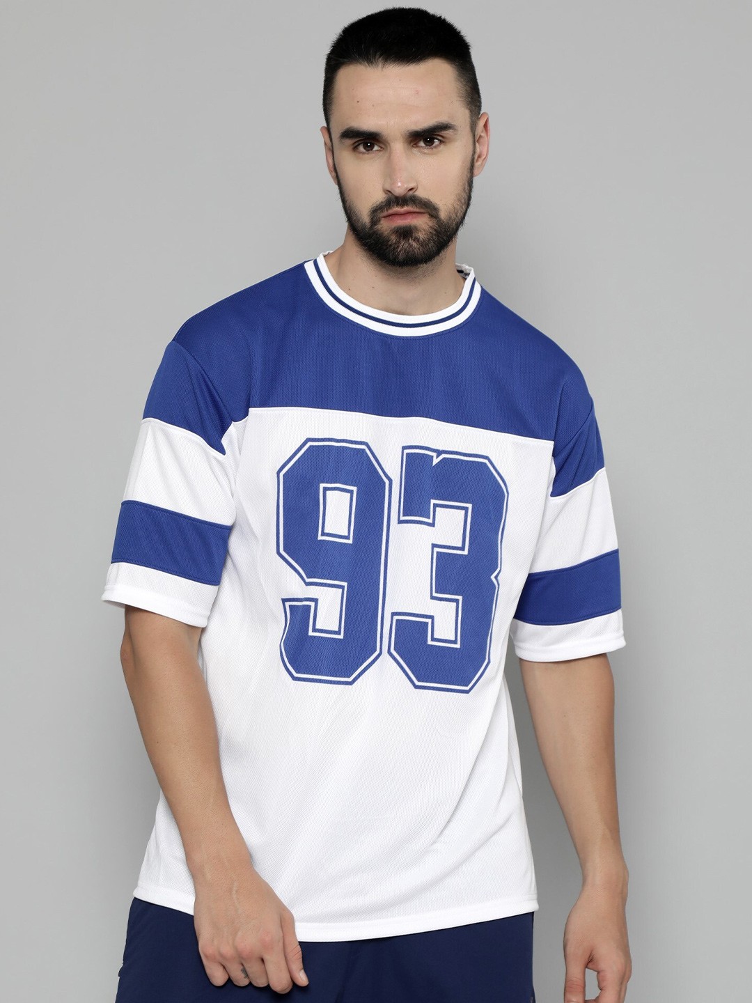 

Maniac Typography Printed Drop-Shoulder Sleeves Cotton Oversized T-Shirt, Blue