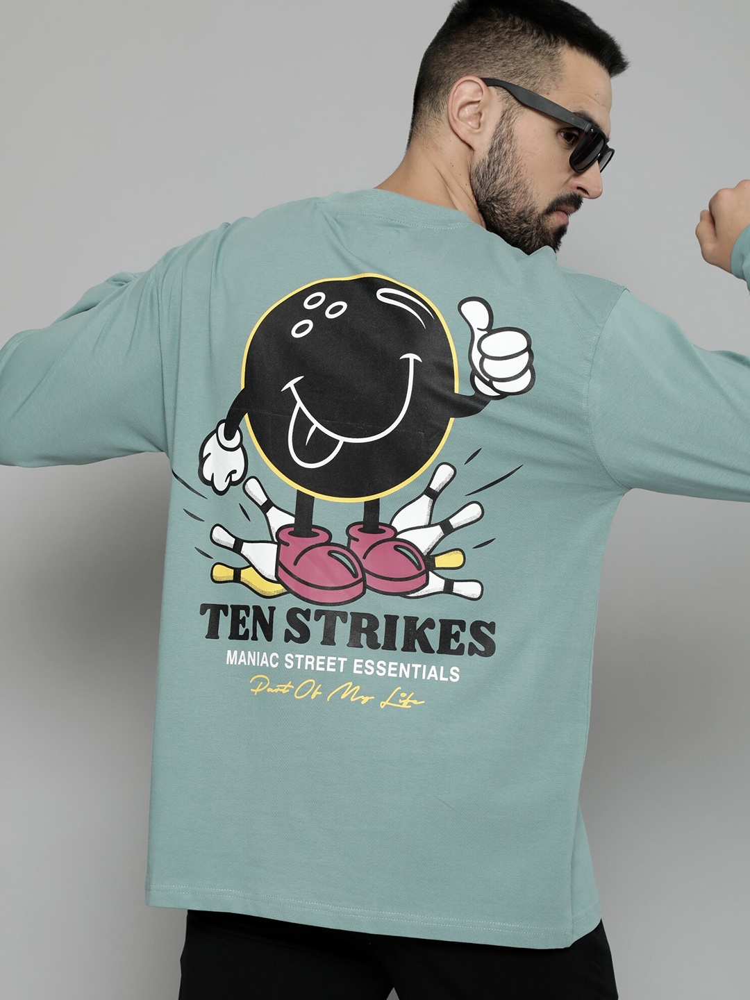 

Maniac Graphic Printed Drop-Shoulder Sleeves Cotton Oversized T-Shirt, Green