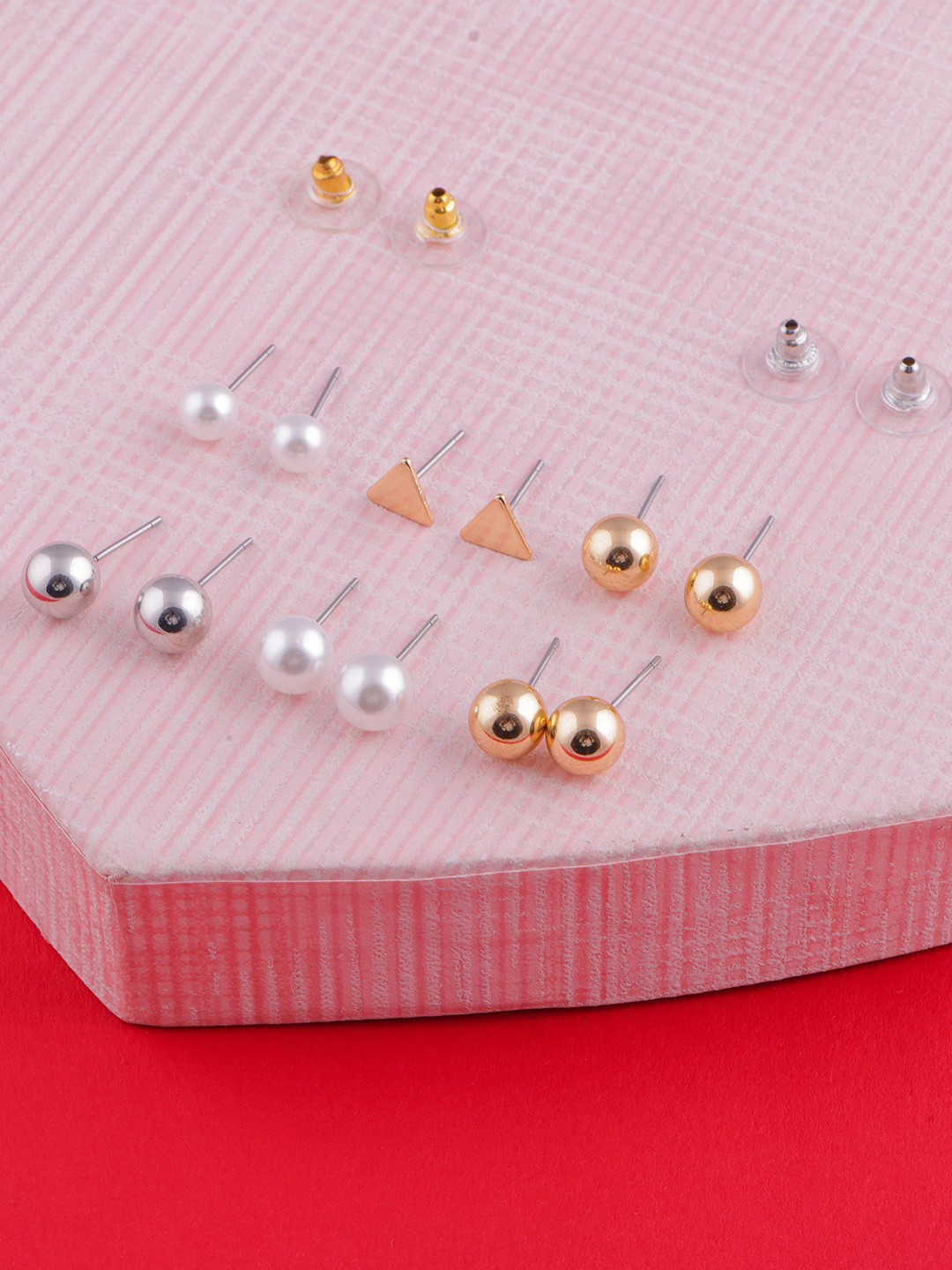 

DressBerry Set Of 6 Gold-Plated Beaded Classic Studs, Silver