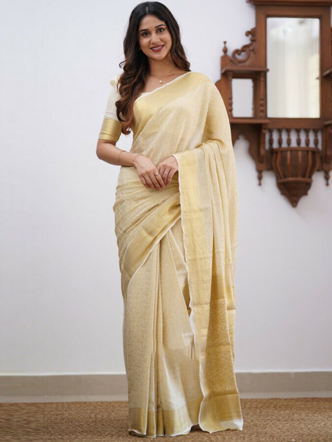 

DIVASTRI Ethnic Motifs Woven Design Pure Silk Kanjeevaram Saree, Off white