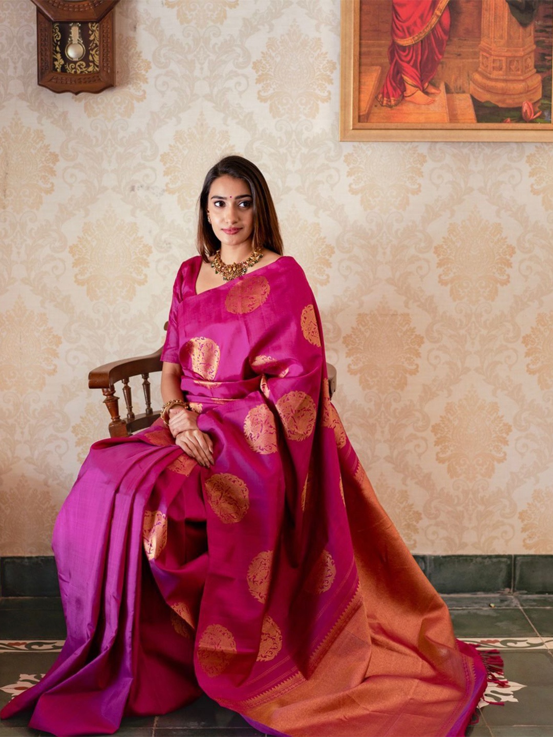 

DIVASTRI Ethnic Motif Woven Design Pure Silk Kanjeevaram Saree, Pink