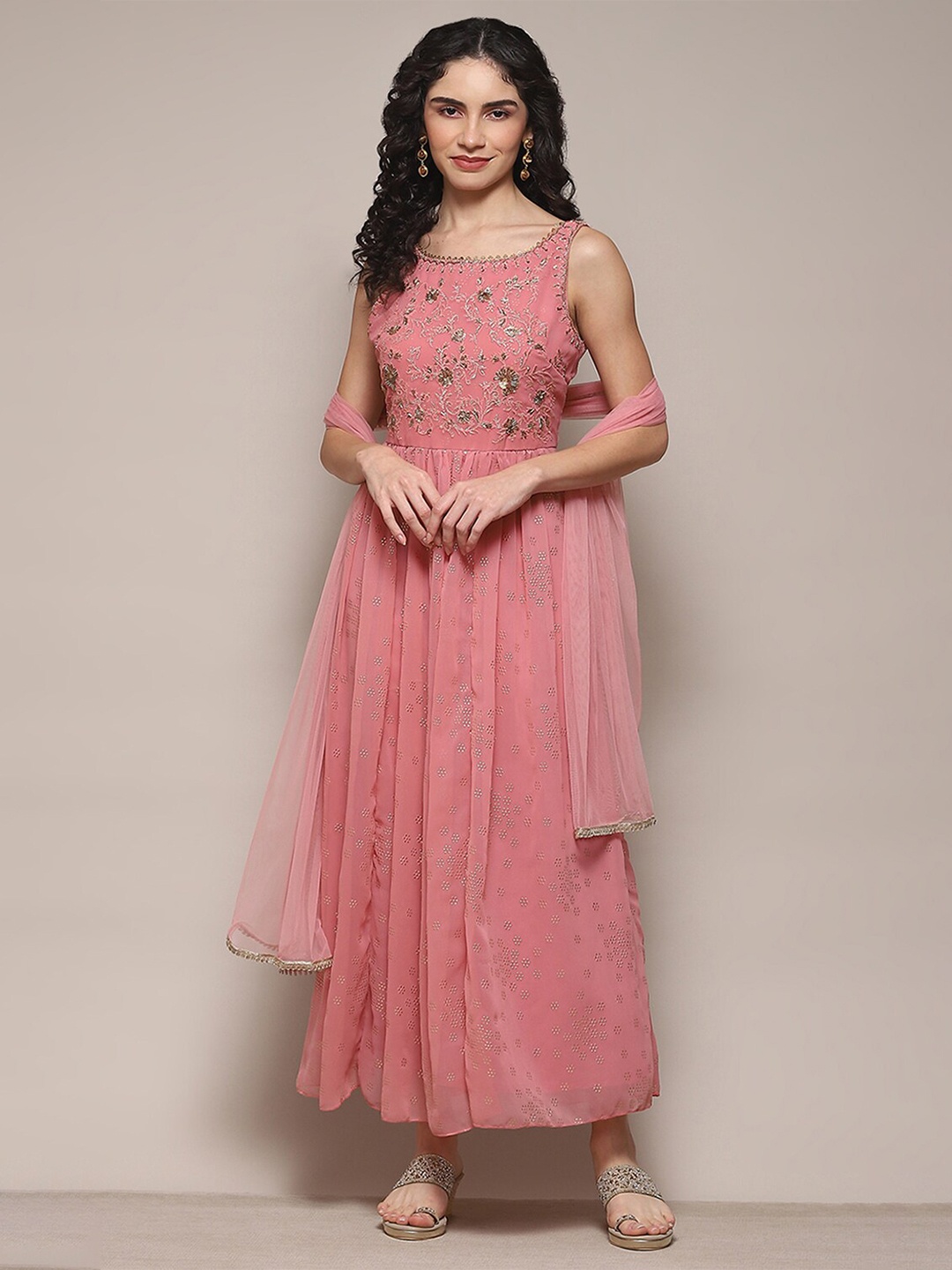 

Biba Embellished Sleeveless Maxi Ethnic Dress With Dupatta, Pink