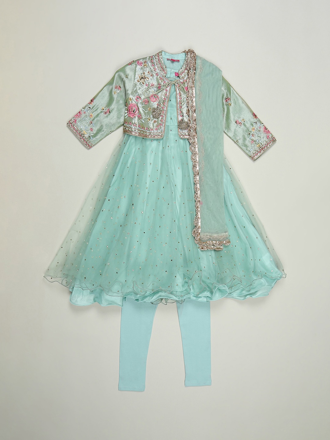 

Biba Girls Sequined Kurta with Churidar Jacket & Dupatta, Green