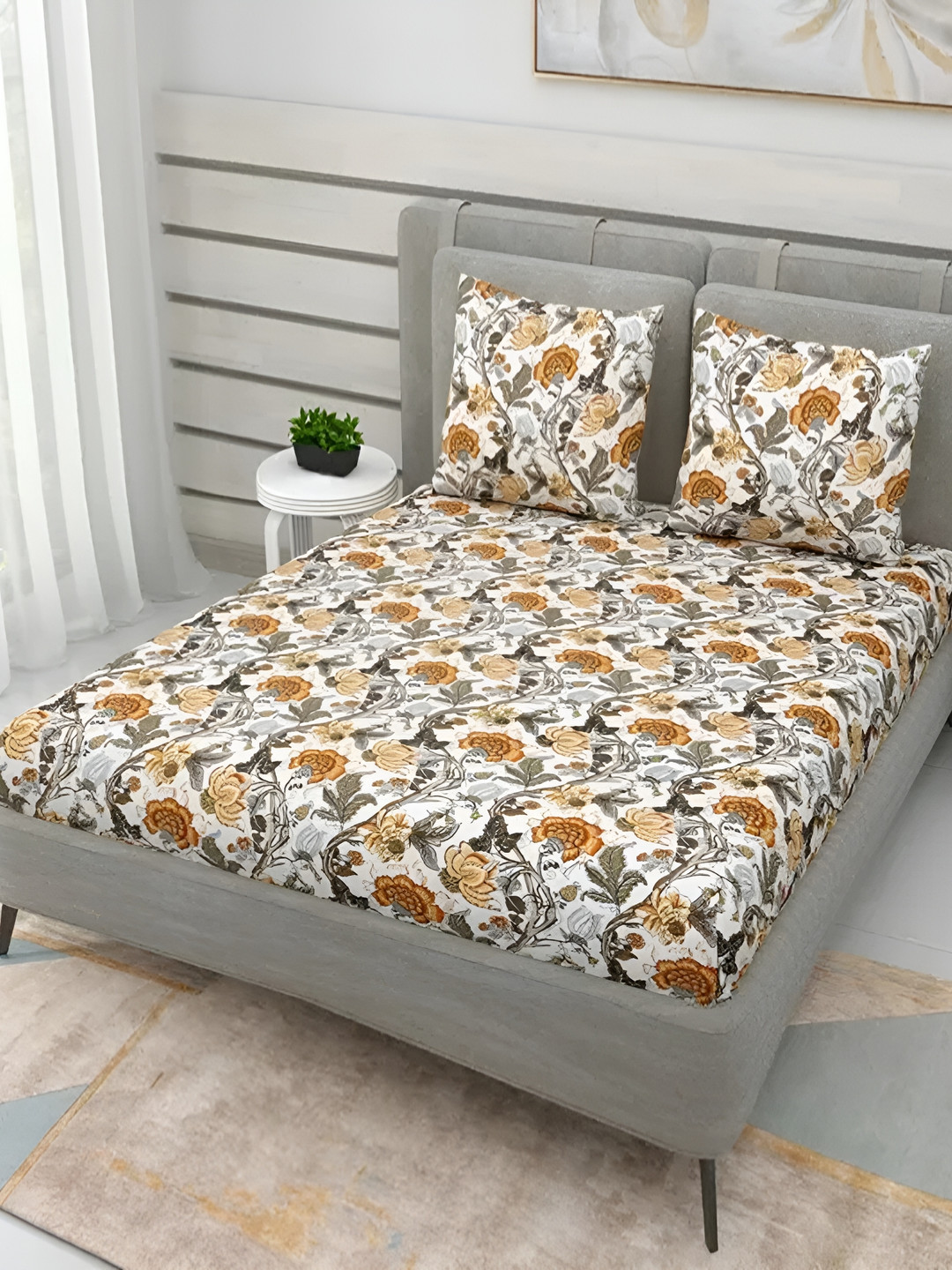 

Bedbathandbliss White Yellow Floral 300 TC Cotton Queen Bedsheet with 2 Pillow Covers
