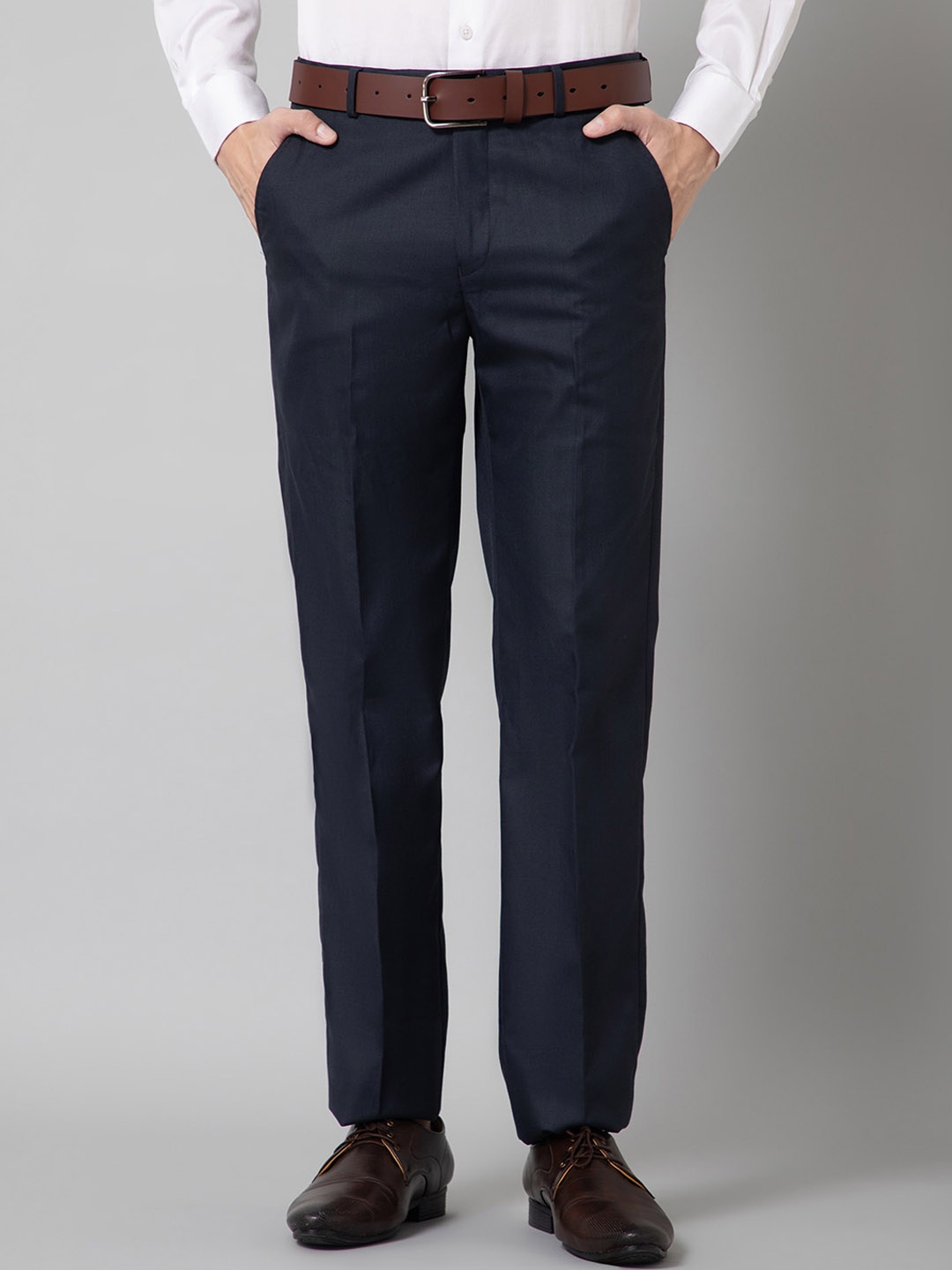 

Cantabil Men Comfort Mid-Rise Formal Trousers, Navy blue