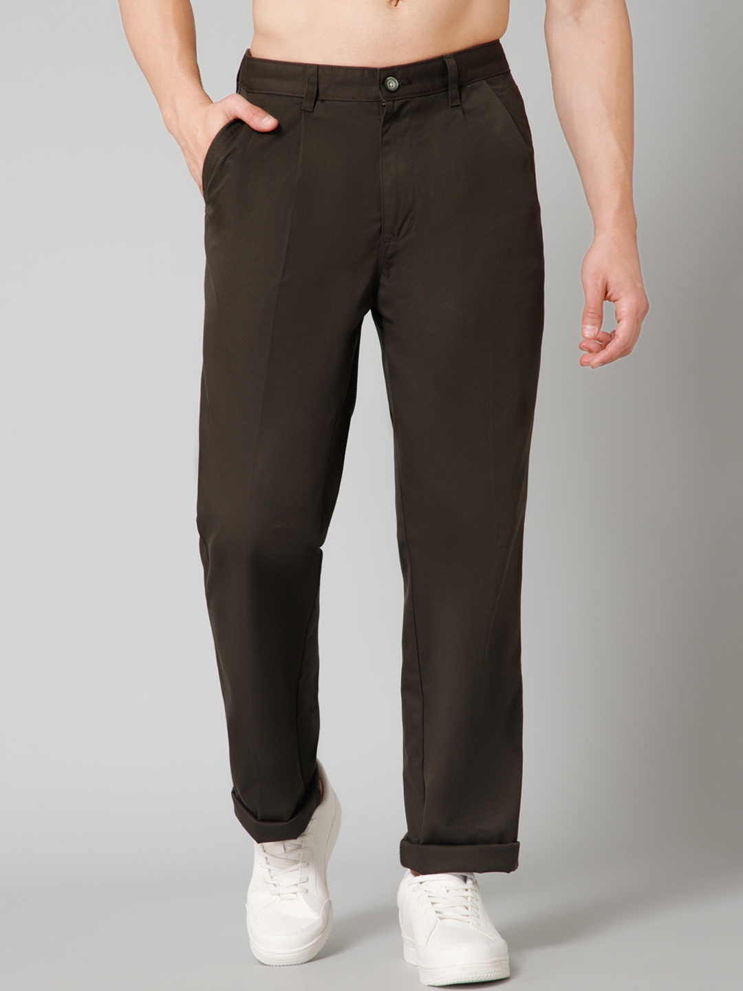 

Cantabil Men Comfort Mid-Rise Pleated Cotton Trousers, Olive