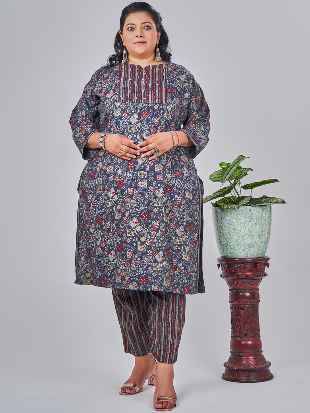 

NAYRA Plus Size Geometric Printed Mirror Work Kurta with Trousers, Blue