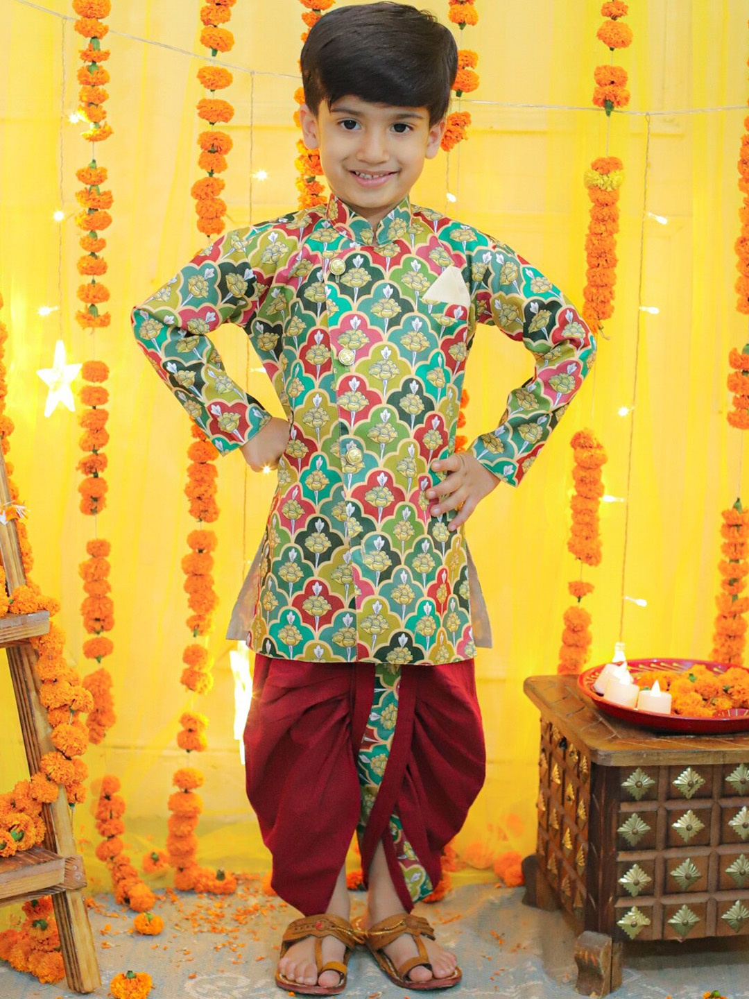 

BownBee Boys Floral Printed Sherwani, Green