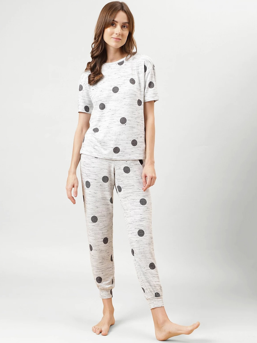 

Marks & Spencer Polka Dots Printed T-Shirt With Joggers, Grey melange