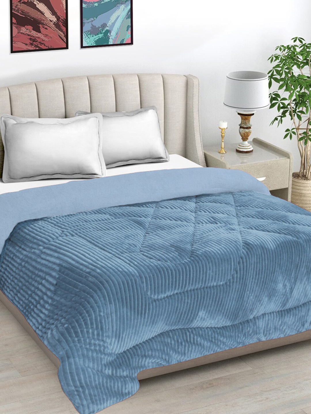 

FABINALIV Blue Striped Woollen Heavy Winter 950 GSM Double Bed Quilt