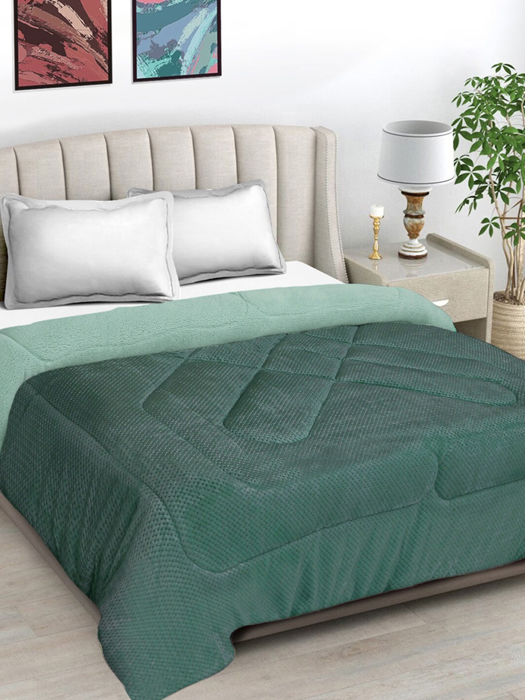 

FABINALIV Green Geometric Woollen Heavy Winter 950 GSM Double Bed Quilt