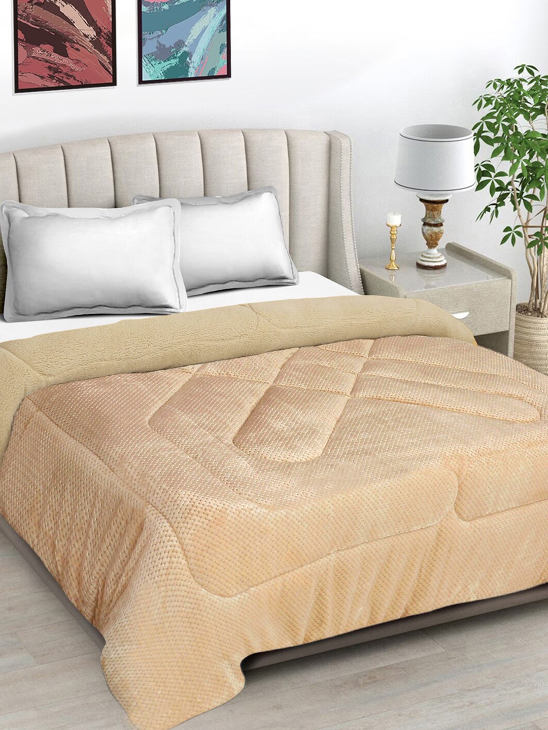 

FABINALIV Beige Geometric Woollen Heavy Winter 950 GSM Double Bed Quilt