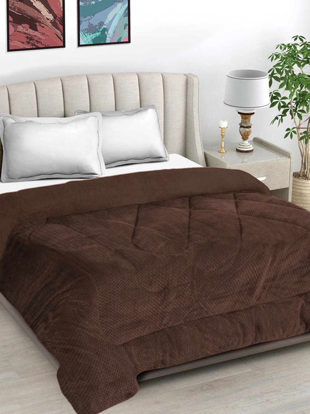 

FABINALIV Coffee Brown Geometric Woollen Heavy Winter 950 GSM Double Bed Quilt