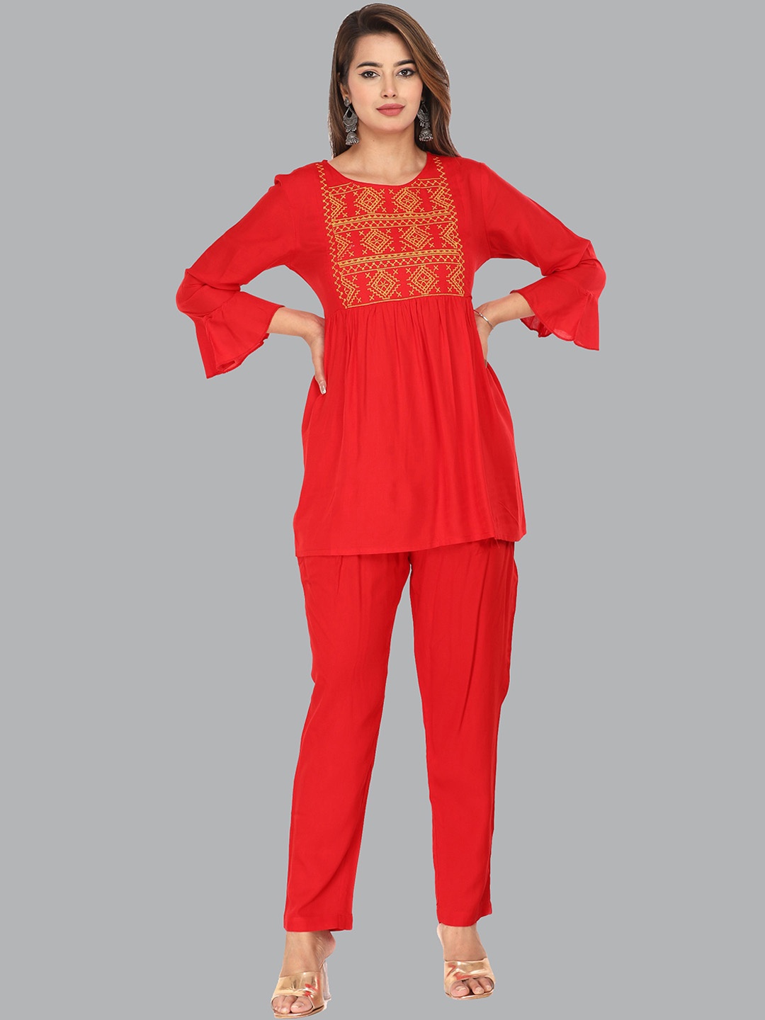 

MARISY Embroidered Tunic With Trouser Co-Ords Set, Red