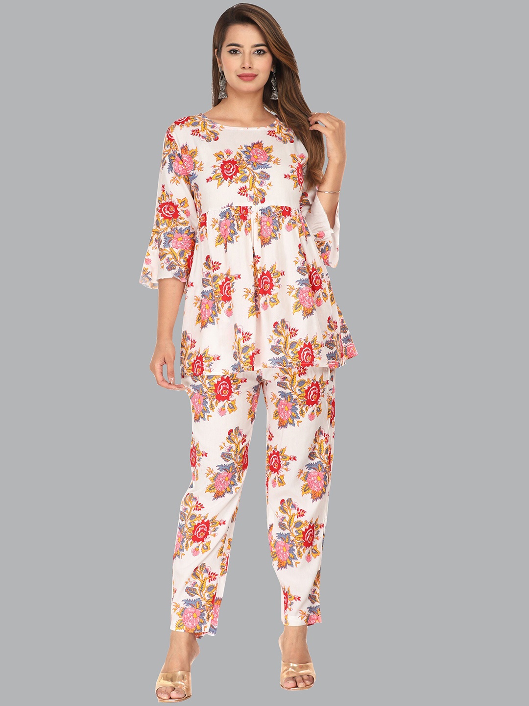 

MARISY Floral Printed Top With Trousers Co-Ords Set, White