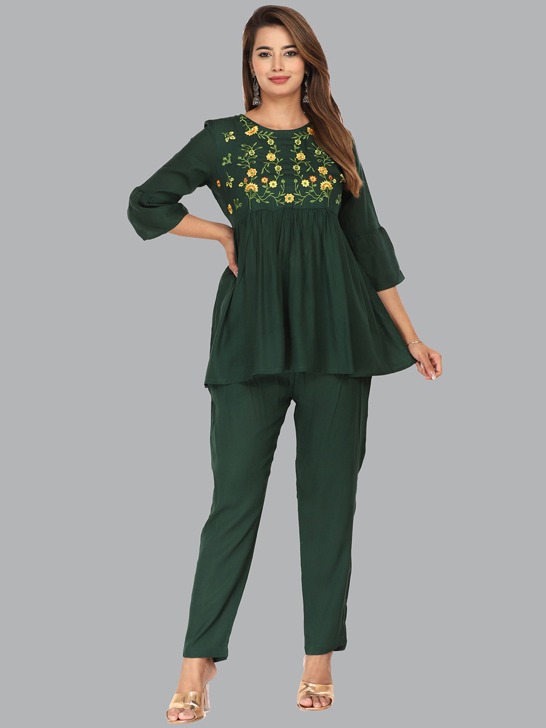 

MARISY Floral Embroidered Tunic With Trouser Co-Ords Set, Green
