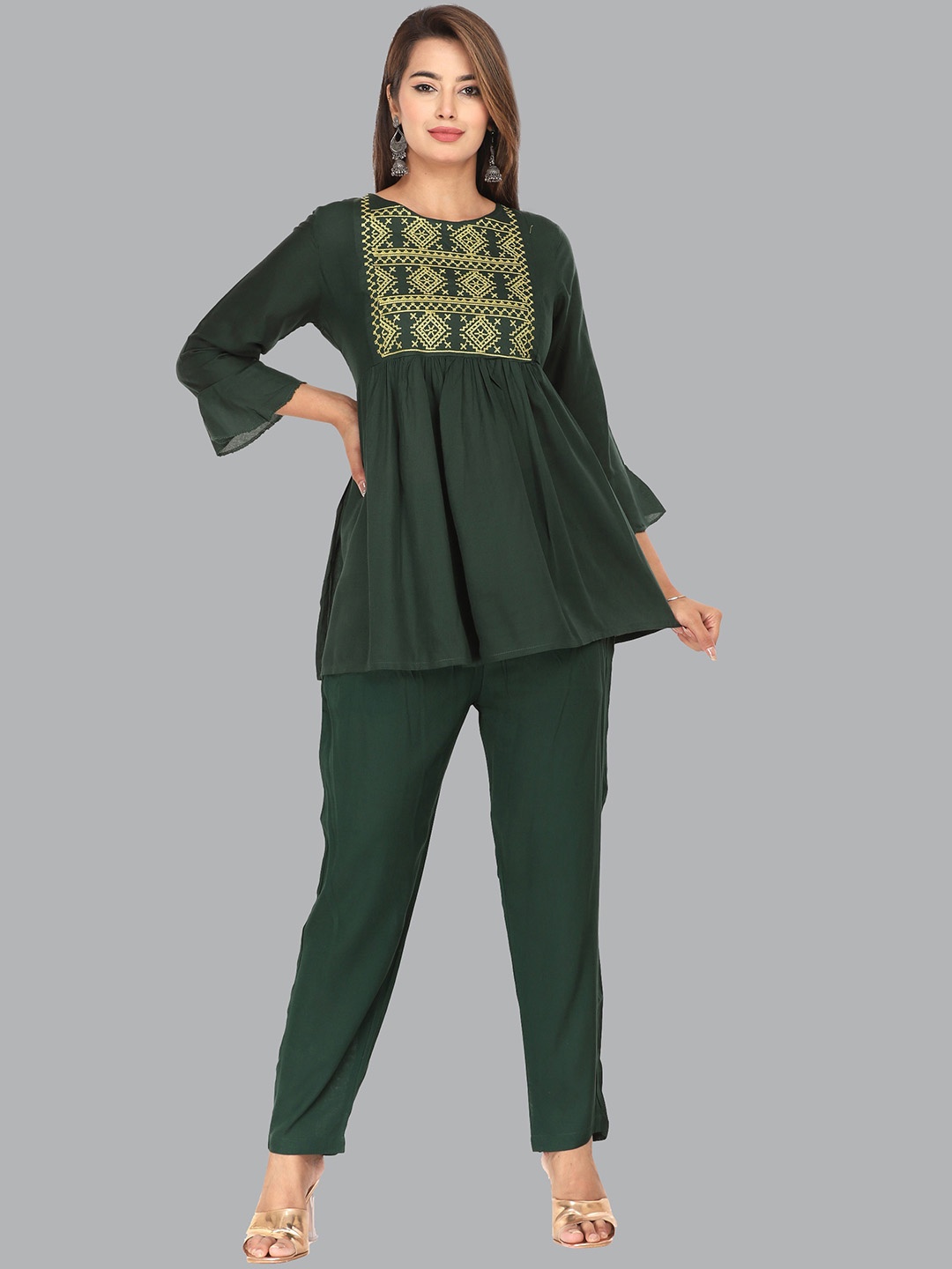 

MARISY Embroidered Tunic With Trouser Co-Ords Set, Green