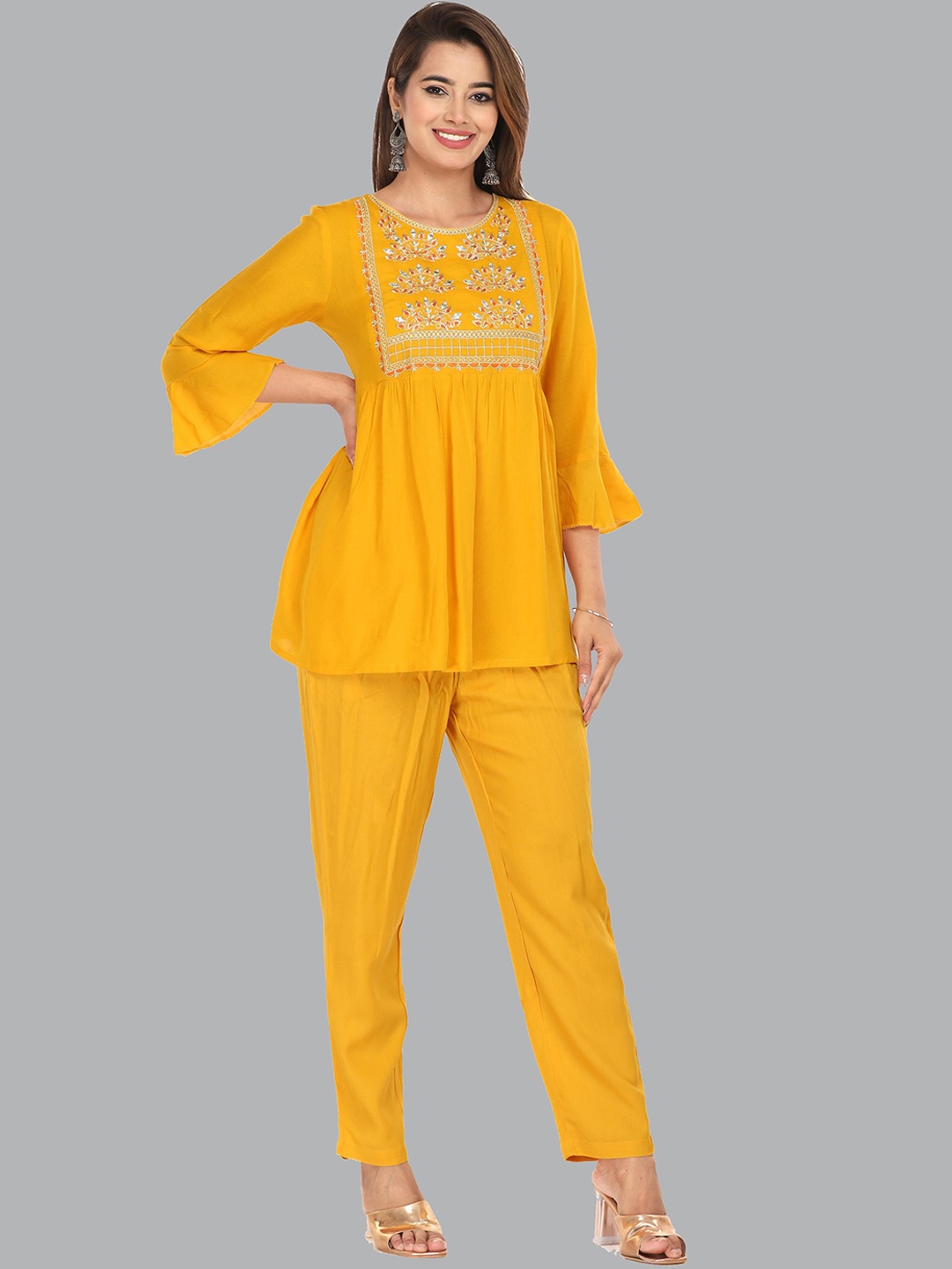 

MARISY Floral Embroidered Tunic With Trouser Co-Ords Set, Yellow