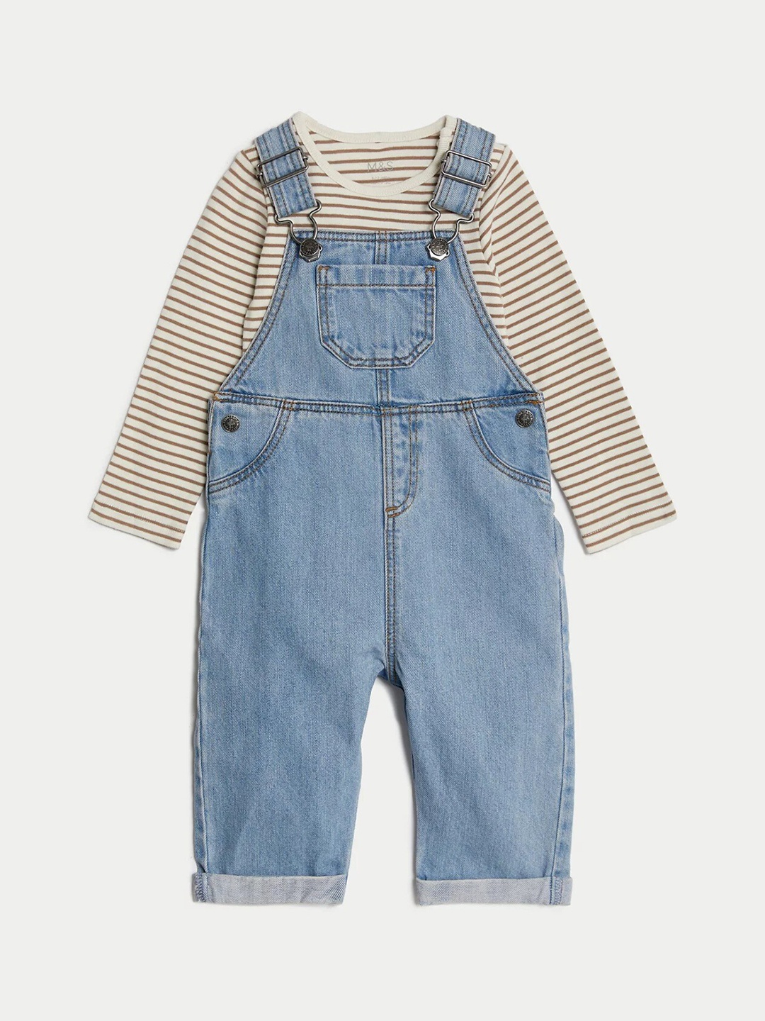 

Marks & Spencer Boys Straight Leg Fit Pure Cotton Denim Dungarees With Striped Bodysuit, Blue