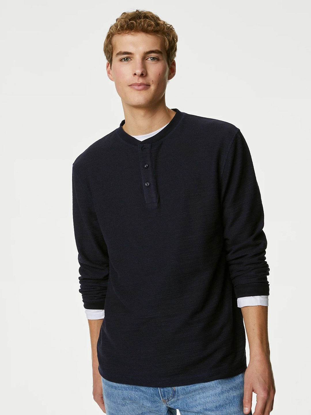 

Marks & Spencer Textured Henley Neck Long Sleeves T-shirt, Navy blue