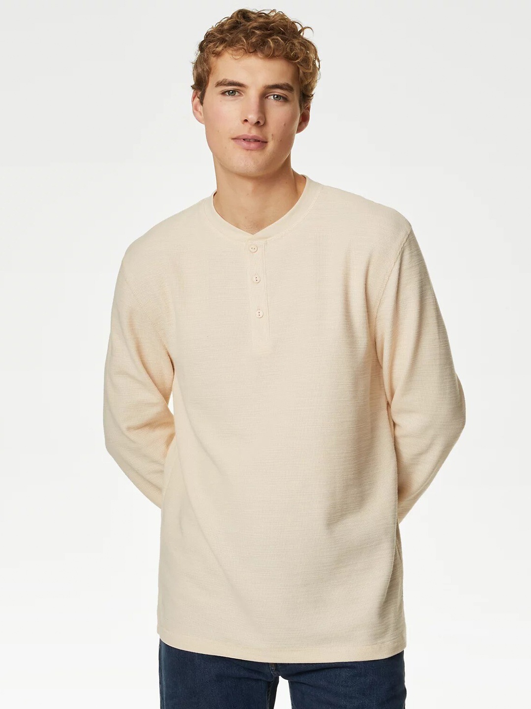 

Marks & Spencer Textured Henley Neck Long Sleeves T-shirt, Beige