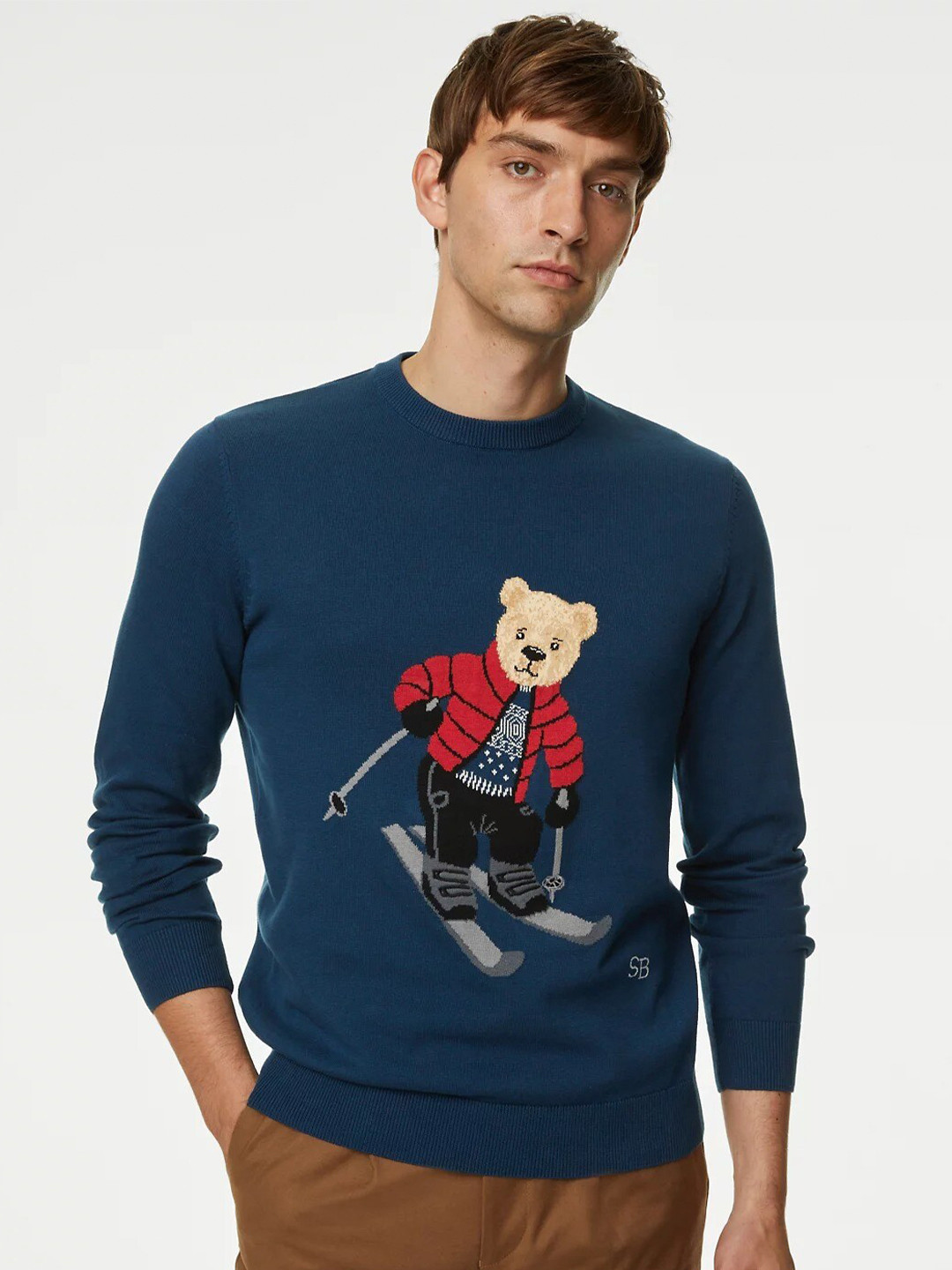 

Marks & Spencer Graphic Self Design Pure Cotton Pullover Sweater, Navy blue