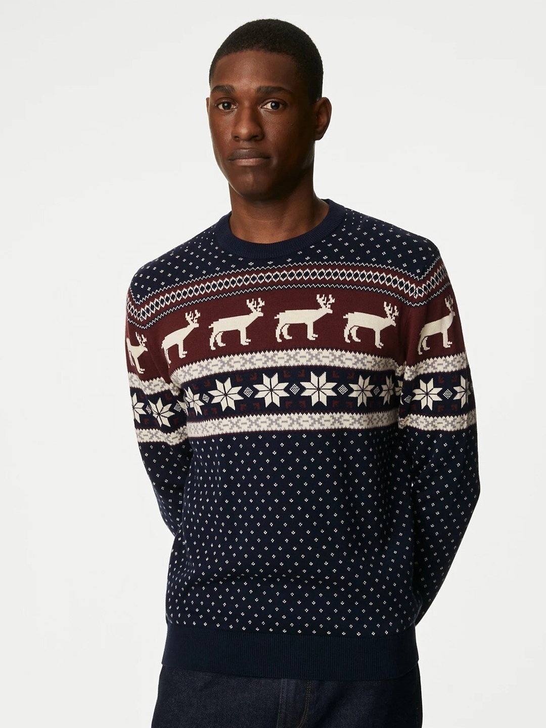 

Marks & Spencer Fair Isle Printed Pure Cotton Pullover Sweater, Navy blue
