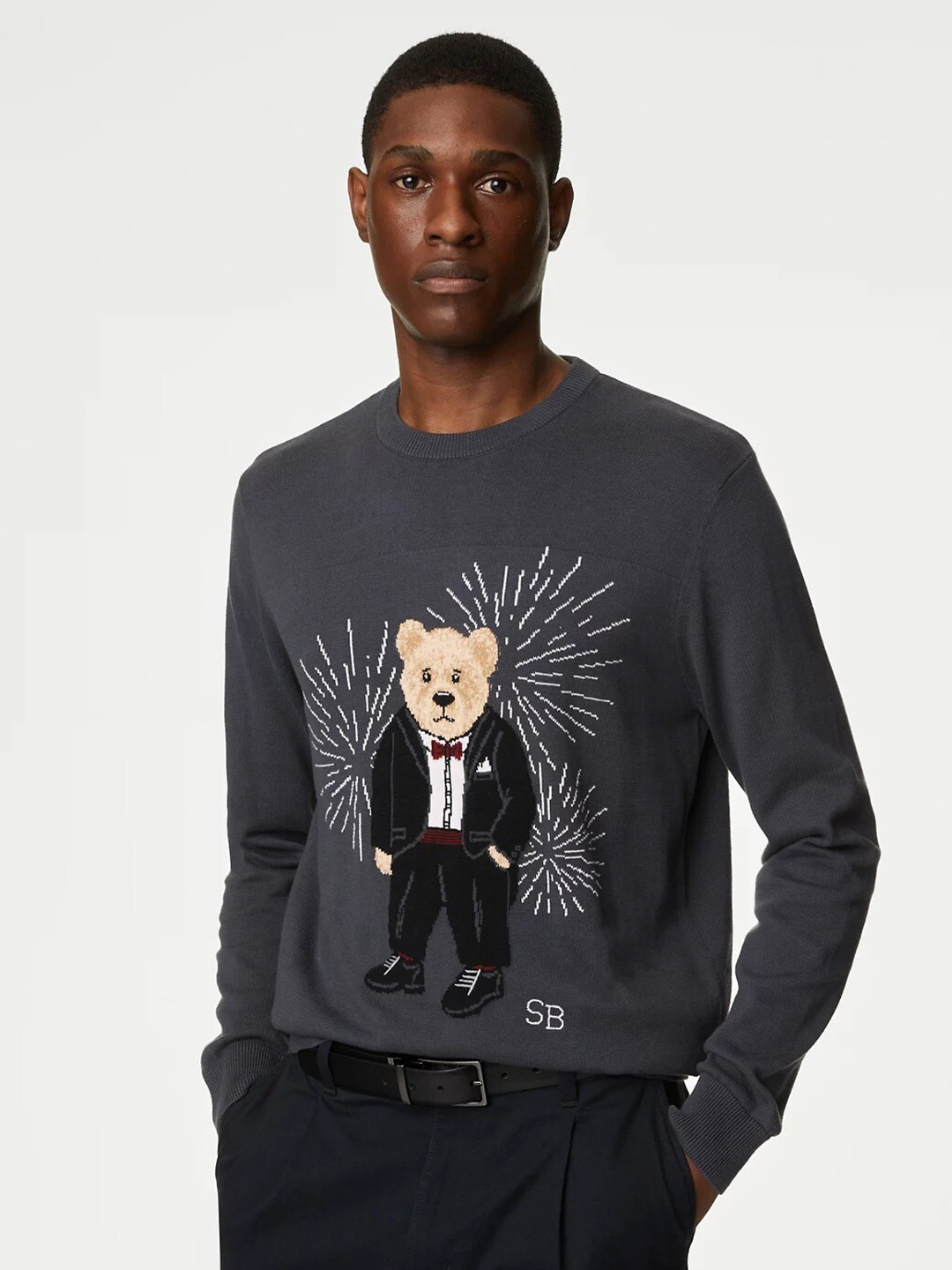 

Marks & Spencer Graphic Printed Pure Cotton Pullover Sweater, Grey