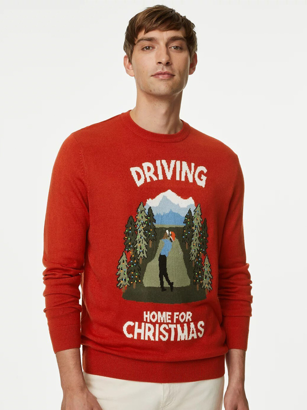 

Marks & Spencer Graphic Printed Crew Neck Acrylic Pullover Sweater, Red