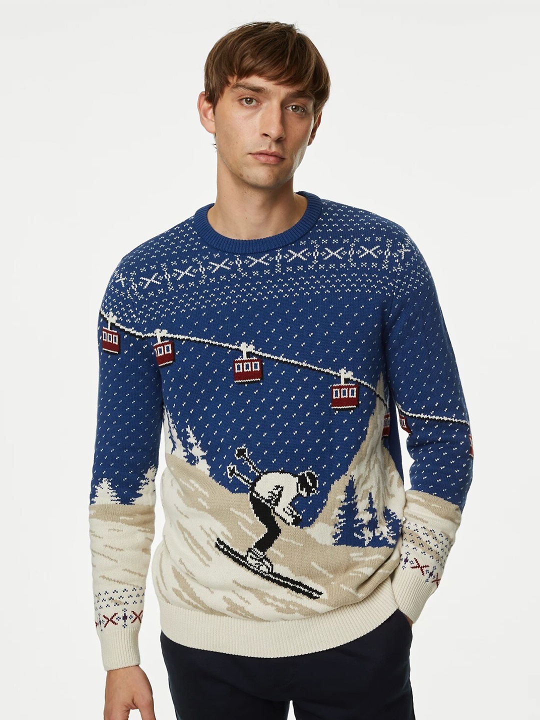 

Marks & Spencer Graphic Printed Pure Cotton Pullover Sweater, Blue
