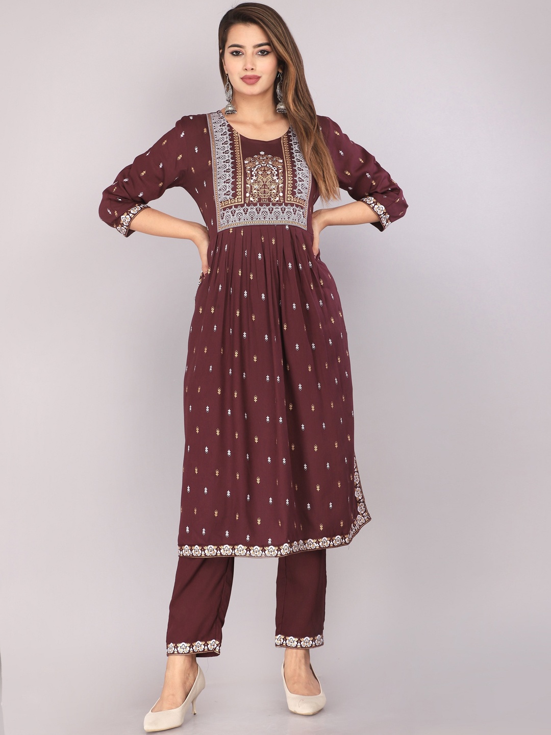 

MARISY Women Coffee Brown Ethnic Motifs Printed Empire Kurta with Trousers